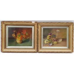 FE Rosson (British early 20th century): Still Lifes of Pansies, pair oils on canvas signed and dated 1907, 19cm x 24cm (2)