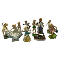 Quantity of five Royal Worcester figures modelled by F Doughty depicting 'Days of the Week' and the seasons together with four other porcelain figures of children (9)