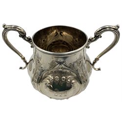 Victorian silver twin-handled sucrier, embossed with scrolls and foliage and a cartouche to either side engraved with family crest, by John Harrison, Sheffield, H15cm 