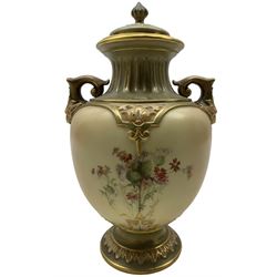 Royal Worcester blush ivory twin handled vase and cover, of ovoid footed form, each side decorated with flowers and thistles, shape no.1632, H26cm 