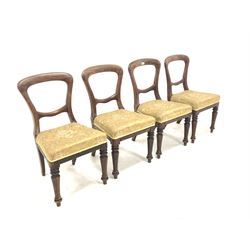 Set four Victorian mahogany dining chairs, with gold coloured floral damask upholstery raised on turned front supports W45cm