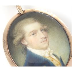 Samuel Shelley (British 1750-1808)
Portrait miniature upon ivory, circa 1790
Head and shoulder portrait of a gentleman in blue coat and yellow waistcoat 
Within period gold fausse-montre case with hair work verso
Oval 3.75cm x 3cm

Samuel Shelley first exhibited at the Society of Artists in 1773, entering the Royal Academy Schools the following year where he exhibited work up until 1804. 
Largely considered to have been self-taught, Samuel Shelley worked in a range of mediums throughout his career, producing watercolours, oils, book illustrations and engravings, but is arguably best known for his miniature portraits in watercolour, a medium which he championed establishing the first watercolour society in around 1804.
Shelley was a prominent and popular miniaturist during his time, and today his works feature in many major museums.  