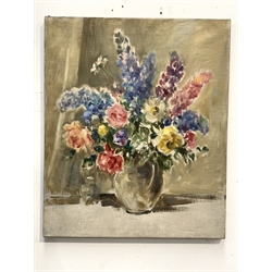 Owen Bowen (Staithes Group 1873-1967) Still life oil on canvas of a vase of flowers, the reverse painted with a river bridge 76cm x 64cm (unframed) 
ARR may apply to this lot
Provenance : From the studio sale at Philips Leeds.  Artist Resale Rights may apply to this lot.