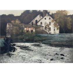 Henri Jourdain (French c1864-1931): Farmstead beside a River, limited edition colour etching with aquatint signed and numbered 190 in pencil, embossed with cercle librairie estampes blindstamp 47cm x 64cm 