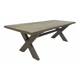 Large painted pine dining table, rectangular top raised on two 'X' shaped supports united by stretcher 250cm x 99cm, H78cm