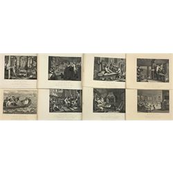 After Francis S. Walker (British 1848-1916): Lady Feeding Chickens, mezzotint signed in pencil together with After William Hogarth (British 1697-1764): 'Industry and Idleness' set plates 1-8 engravings max 48cm x 33cm (9)