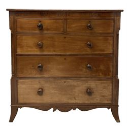 19th century mahogany chest, fitted with two short and three long drawers, raised on splayed supports 