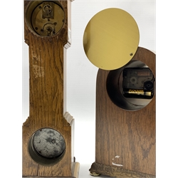 Early 20th century miniature oak longcase clock, with 30 hour mechanical movement over thermometer and aneroid barometer, (H35cm) together with a Knights and Gibbons mahogany cased mantel clock, (H23cm)