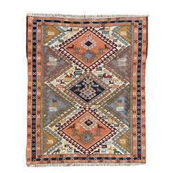 Small flat woven rug or mat, stepped geometric field decorated with three lozenge medallions, decorated with stylised animal motifs, triple band border 