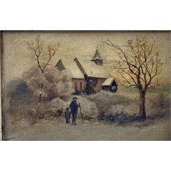 E. Baker (British 19th/ early 20th century): Figures going to Church and Scottish Loch scene, pair of oils on canvas signed, 19cm x 29cm (2)