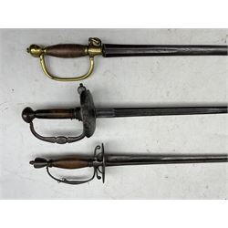 Continental sword with 18th century German 79cm blade inscribed 1744, brass hilt and two other continental swords, all appear to have been adapted 