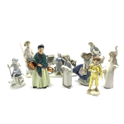 Royal Worcester figure 'The Parakeet', Royal Doulton figure 'The Orange Lady', five Lladro figures including 'Shepherdess with Ducks' No. 4568, 'Gone Fishing' etc, together with two Continental figures (9)