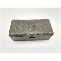 Arts and Crafts design pewter rectangular box decorated with a raised pattern of leaves and inset with an oval turquoise panel W30cm