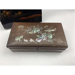 Early 20th century mahogany box, the inlaid mother-of-pearl cover decorated with Frogs   amidst flowers and leafage, L22cm together with a 20th century Chinese lacquer and mother-of-pearl inlaid panel (2)