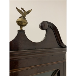 George III mahogany wall hanging corner cupboard, swan neck pedient surmounted by eagle ball finial, tracery glazed door enclosing three shelves, with boxwood inlay, W67cm