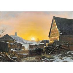 Daniel Van der Putten (Dutch 1949-): 'Winter Sunset - Church Stowe Northamptonshire', oil on panel signed, labelled verso 25cm x 35cm