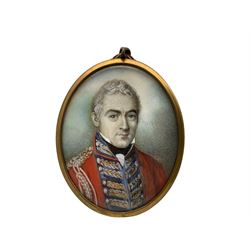 19th century oval portrait miniature, watercolour on ivory of a military officer in scarlet tunic 6cm x 5cm. This item has been registered for sale under Section 10 of the APHA Ivory Act