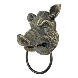 Bronzed effect painted cast iron wall hanging Boar head with metal ring, H24CM