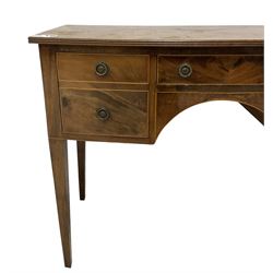 Early 20th century Georgian design mahogany bowfront sideboard, shaped top with reeded edge, fitted with two drawers and cupboard, satinwood strung throughout, on square tapering supports
