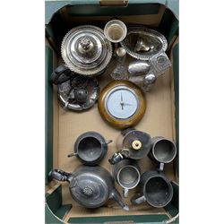 Victorian plated teapot, aneroid barometer in oak case, 19th century pewter measure by Parkin, other pewter items, plated ware etc