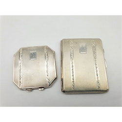 Ladies engine turned silver cigarette case initialled 'A.A.' 8cm x 6cm Birmingham 1943 and a matching compact, 1942 Maker Joseph Gloster Ltd 4.7oz