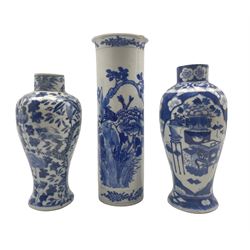 19th/ early 20th century Chinese blue and white sleeve vase, 19th century Chinese inverted baluster form vase, hand painted with dragons and another on prunus decorated ground H30.5cm max (3)