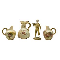 Royal Worcester blush ivory jug of lobed form with gilt coral form handle no. 1507, two Royal Worcester blush ivory jugs no. 1094 and a Royal Worcester figure 'Parakeet' modelled by F.G. Doughty no. 3087 (4) 
