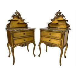 Pair of French design giltwood bedside stands, the shaped back decorated with pierced scrolling foliage and shell cartouche pediment, fitted with two small shaped shelves, grey variegated marble top with shaped and moulded edge over two drawers, shaped apron decorated with flower heads, on cabriole supports