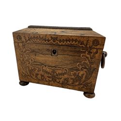 Victorian rosewood inlaid two-division tea caddy, of sarcophagus form with twin ring handles, on four bun supports, L22cm 