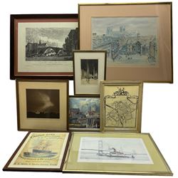 Charles A Barker (British Early 20th Century): 'The Guildhall York', etching signed and titled in pencil 23cm x 16cm; Sydney Pitcher photograph of Gloucester Cathedral together with an Alfred Gill signed print of York Minster etc in one box max 38cm x 51cm (8)