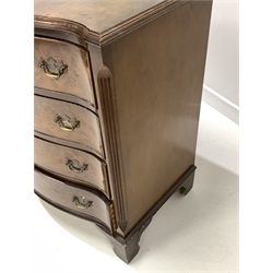 Early 20th century walnut serpentine chest, moulded top over four long graduated drawers enclosed by fluted canted corners, raised on bracket supports 