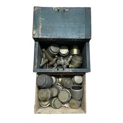 Collection of brass hub caps and taps including Cooke & Sons Lincoln and J. Tetley Leeds, in two wooden boxes
