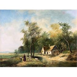 Continental School (20th century): Countryside Landscape with Figures and Sheep, pair oils on board one signed 'Cross' 19cm x 24cm (2)