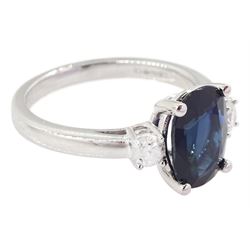 18ct white gold three stone oval cut sapphire and round brilliant cut diamond ring, hallmarked, sapphire approx 2.60 carat, total diamond weight approx 0.25 carat