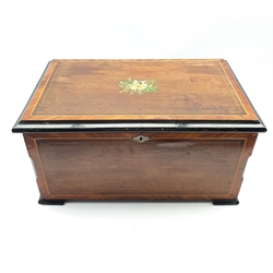 Victorian rosewood and mahogany cased cylinder music box with floral pained hinged lid and scumbled sides, L48cm x H25cm 
