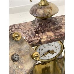 French marble clock garniture stamped 'Lardot et Boyon, Paris,' comprising a mantle clock with architectural brioche Violette, brass and glass case with gilt metal mounts, the white enamel dial with Arabic chapter ring painted with swags, eight day twin spring driven movement with mercury pendulum, and two urns 