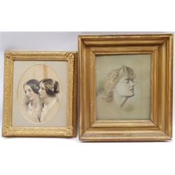 English School (19th century): Classical Maiden, pencil and crayon signed with initials, together with a 19th century portrait of two girls, max 30cm x 25cm (2)