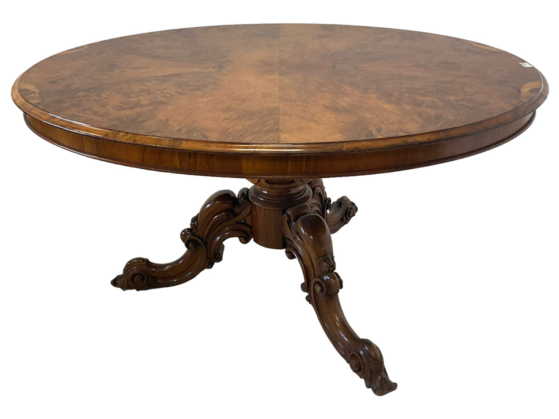DS Victorian figured walnut loo table, oval bookmatch veneer top