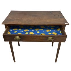 George III mahogany side table, rectangular top over single cock-beaded drawer with brass handle plates, raised on square tapering supports