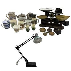 Quantity of commemorative mugs and metal ware together with two sets of kitchen scales and angle poise lamp with weighted base etc in two boxes