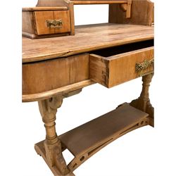 Late Victorian Aesthetic Movement satinwood dressing table, raised mirror back with candelabras, two trinket drawers over single frieze drawer, on turned supports joined by pierced stretcher 