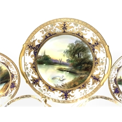 Noritake tea set decorated with swans in a lake landscape and gilt borders comprising six cups and saucers, six plates, milk jug, sugar bowl and bread and butter plate