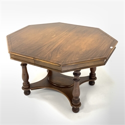  Victorian style walnut octagonal table, with turned supports united by under tier, 114cm x 130cm, H78cm  