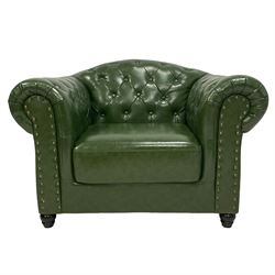 Chesterfield style club armchair, upholstered and buttoned in green fabric with stud work