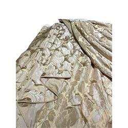 Large collection of thermal lined curtains in gold and champagne brocade patterned fabric, with pencil pleat headings; (one pair - W160cm, Fall - 205cm) (one pair W120cm, Fall - 205cm) (one pair W110cm, Fall - 205cm) (single curtain with goblet pleats and contrasting lining, W100cm, Fall - 205cm), together with set jabots and swags per pair and six tiebacks