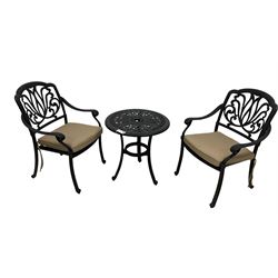 Cast metal garden table (D61cm, H64cm); together with two matching chairs