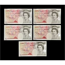 Five Bank of England Kentfield uncirculated fifty pound notes, all with prefix 'L12', consecutive serial numbers