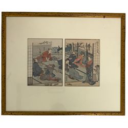 After Kitagawa Utamaro (Japanese 1753-1806): Teahouse Interior, pair woodblock prints, framed as one 18cm x 13cm each