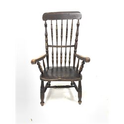 19th century elm and ash windsor armchair, with hoop spindle and splat back, saddle seat, raised on turned supports united by stretcher, (W61cm) together with another 19th century Windsor arm chair (W60cm)