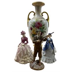 Worcester pattern two handled baluster vase decorated with flowers H40cm, Worcester figure 'Autumn Song' and two Coalport figures together with 3 pictures